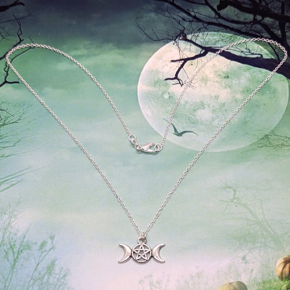 Silver Triple Goddess Moon Pentagram Wicca Necklace - Picture 2 of 3